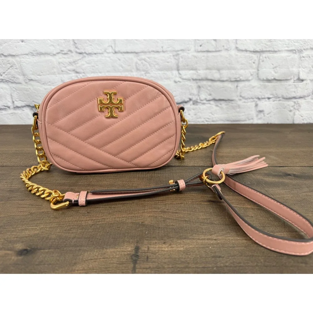 Tory Burch Kira Chevron Small Camera Bag Pink Moon Quilted Leather Crossbody